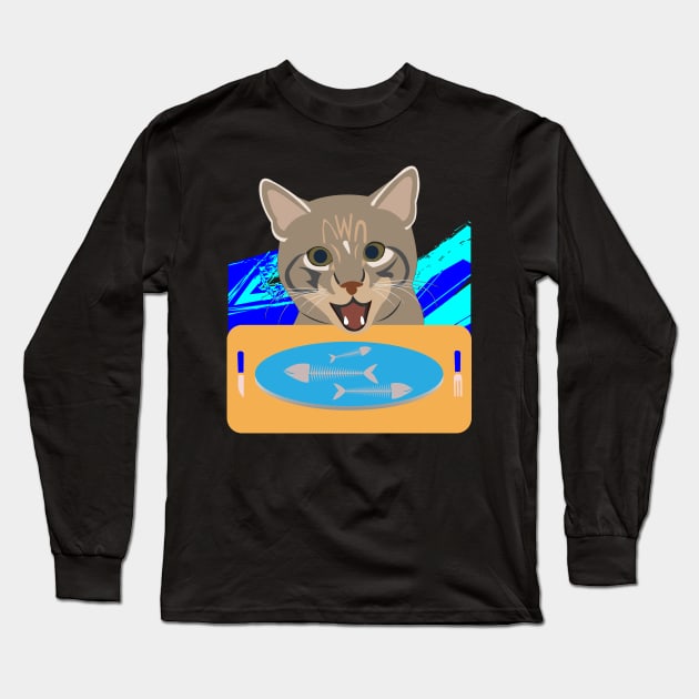 Mackerel Tabby Cat Breakfast Long Sleeve T-Shirt by Admair 